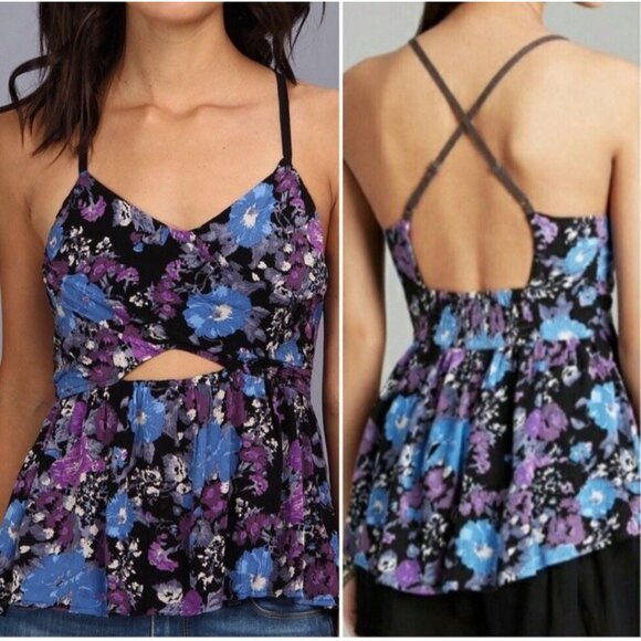 Free People Womens Top M Purple Boho Some Like‎ It Hot Floral Cut Out Strappy - Picture 10 of 14